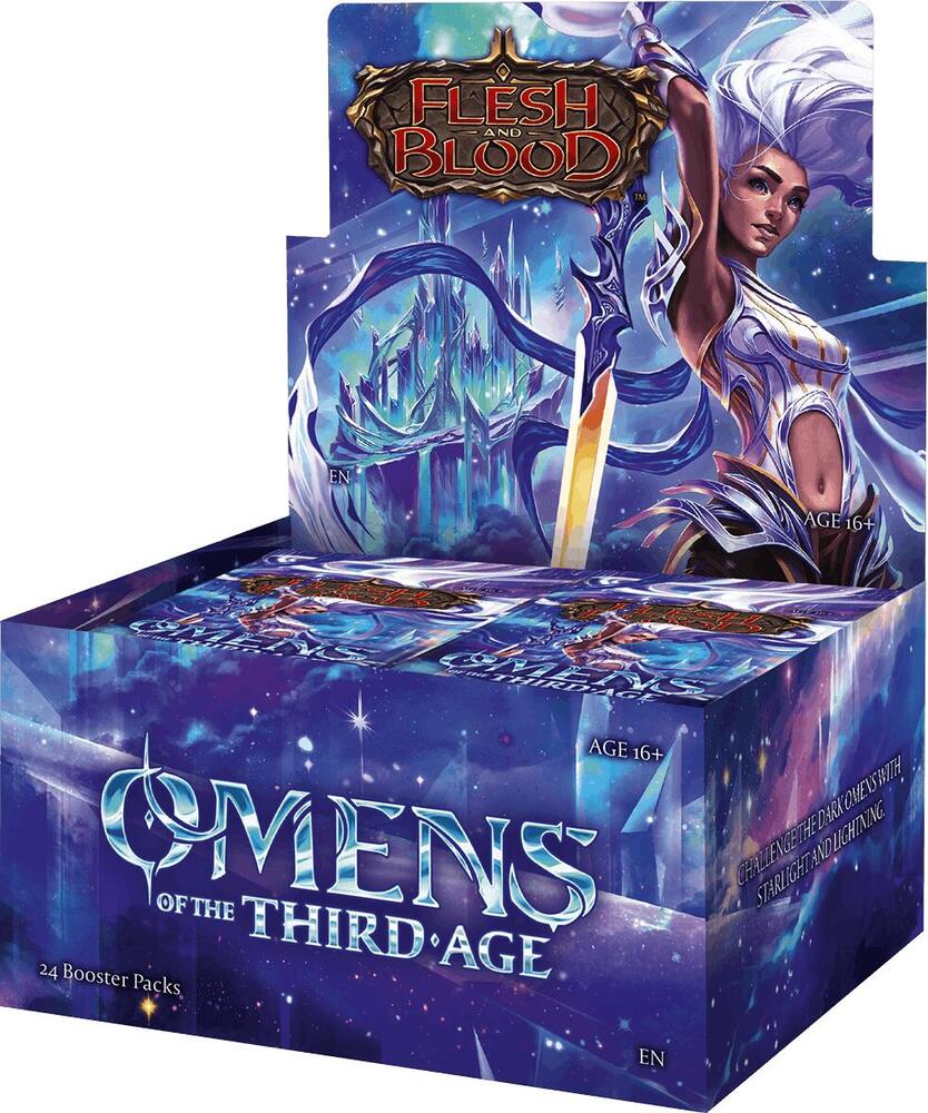 Flesh and Blood Omen of the Third Age trading cards booster pack box with 24 packs for game enthusiasts