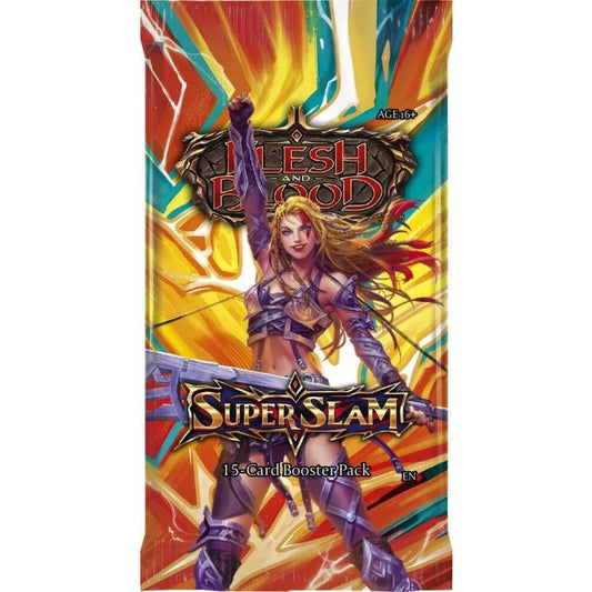Flesh and Blood Super Slam Booster Pack featuring vibrant artwork and a powerful warrior design
