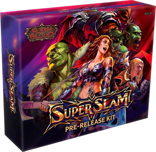 Flesh and Blood Super Slam Pre-Release Kit featuring vibrant artwork of heroes and creatures