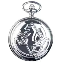 Fullmetal Alchemist pocket watch in silver featuring intricate alchemical symbols and design