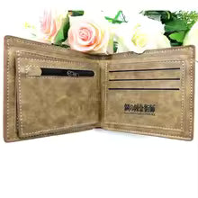 Open beige Fullmetal Alchemist wallet with multiple card slots and zippered compartment