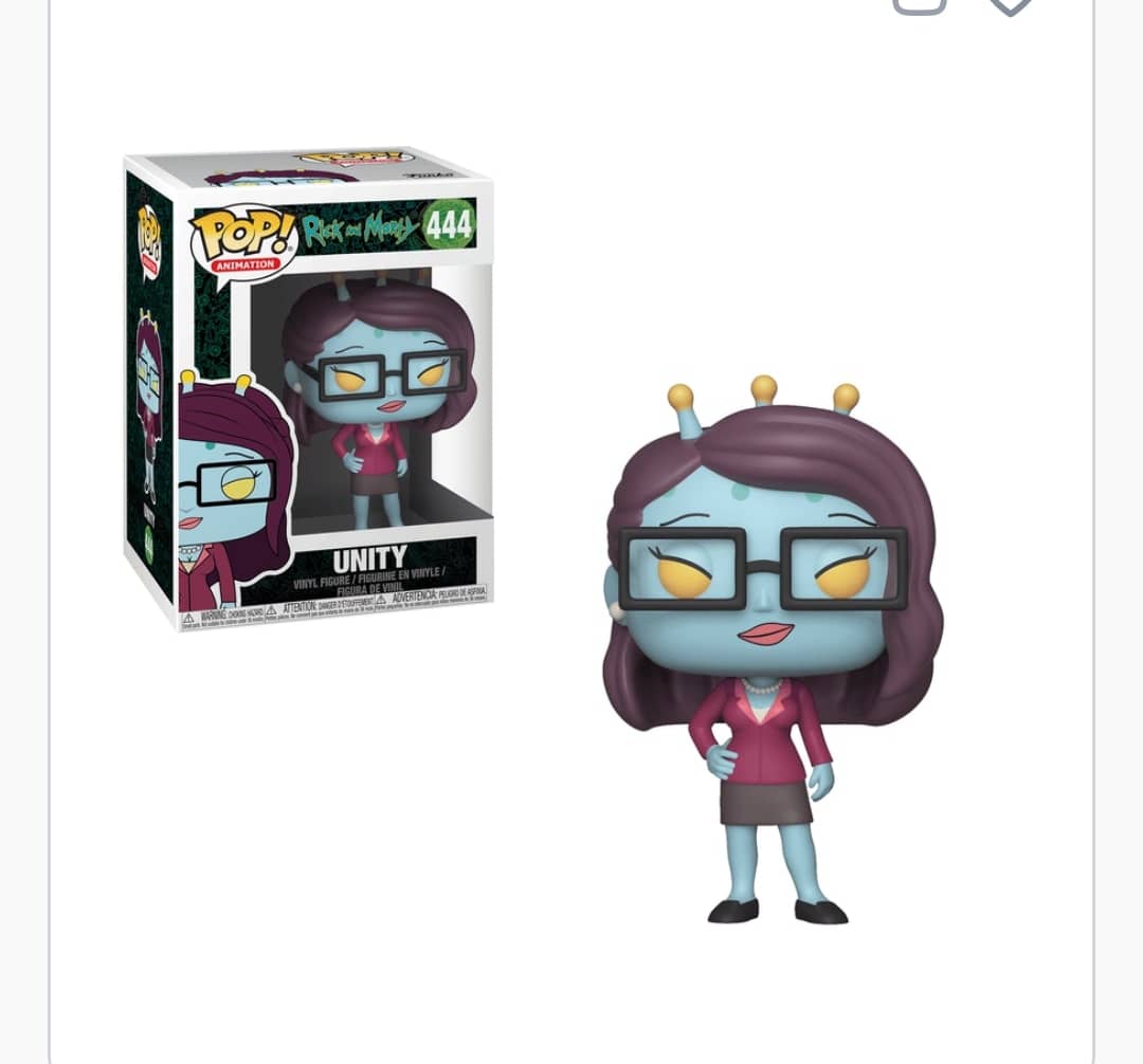 Funko Pop figure of Unity from Rick and Morty, featuring a blue skin tone and glasses, ideal for collectors