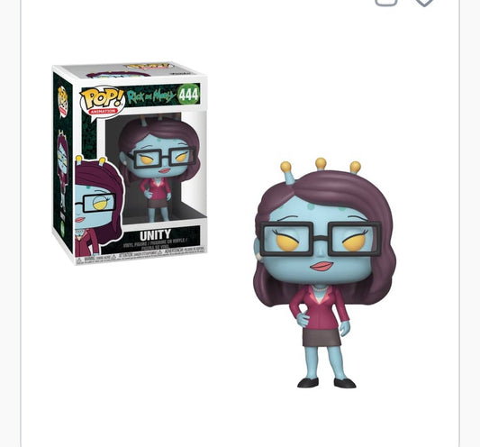 Funko Pop figure of Unity from Rick and Morty, featuring a blue skin tone and glasses, ideal for collectors