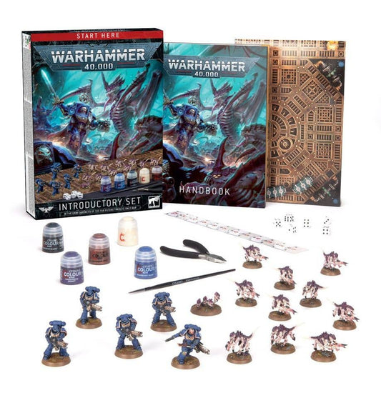 Warhammer 40K introductory set featuring miniatures, paints, handbook, and accessories for beginners