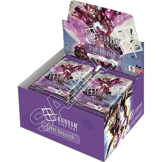 Gundam Steel Requiem booster box featuring multiple booster packs for the Gundam trading card game