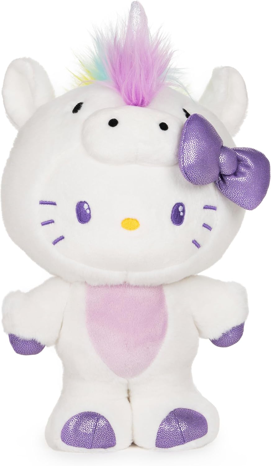 Hello Kitty unicorn plush toy with colorful mane and purple bow for cuddling and play