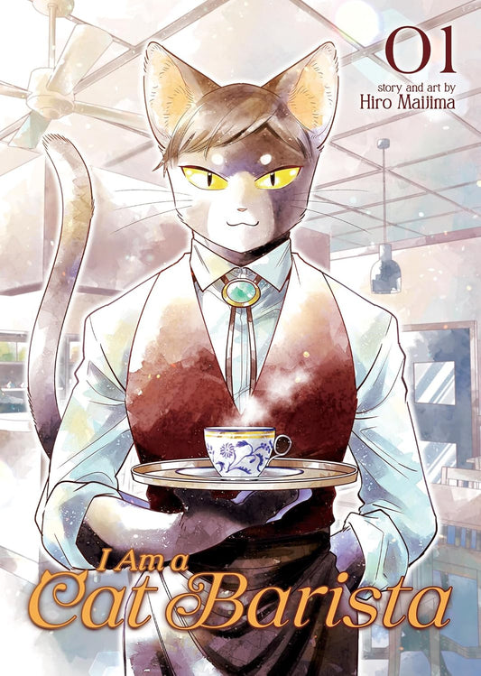 I Am a Cat Barista manga cover showing an anthropomorphic cat barista in a vest holding a teacup on a tray in a cafe