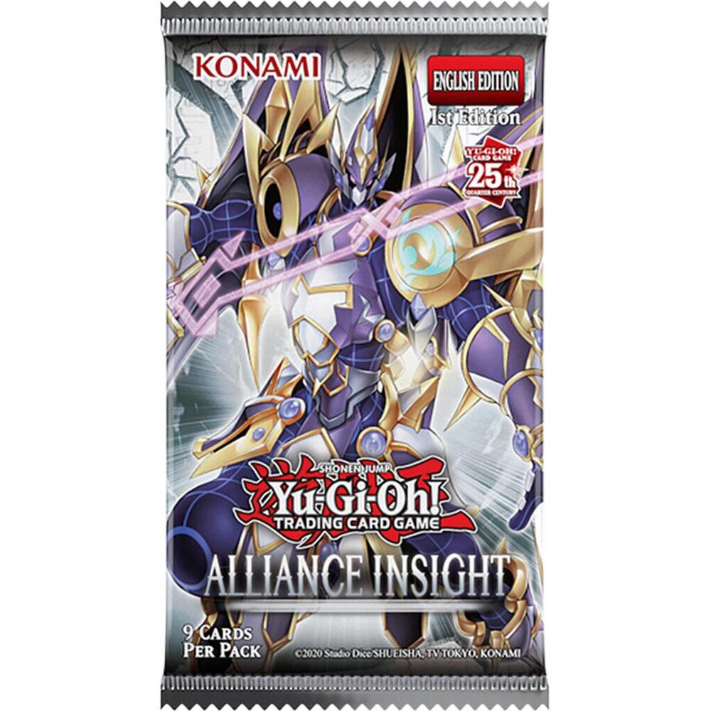 Yu Gi Oh Alliance Insight booster pack trading cards by Konami with armored warrior artwork on front