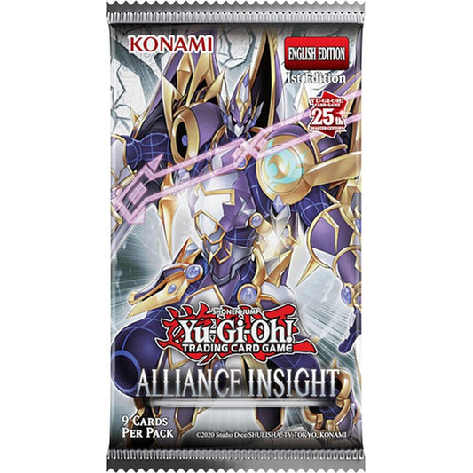 Yu Gi Oh Alliance Insight booster pack trading cards by Konami with armored warrior artwork on front