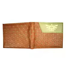Legend of Zelda wallet with a brown and green design featuring iconic patterns and logos