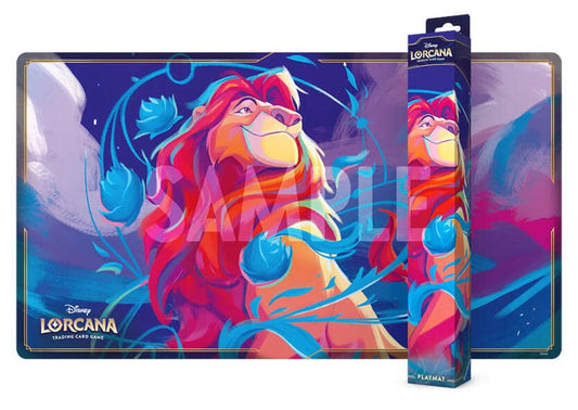 Disney Lorcana Mufasa playmat featuring a vibrant illustration of Mufasa for card games