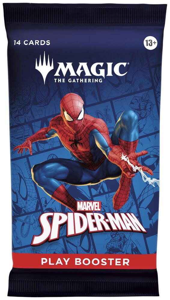 MTG Spiderman play booster pack featuring 14 collectible cards with iconic Spider-Man artwork