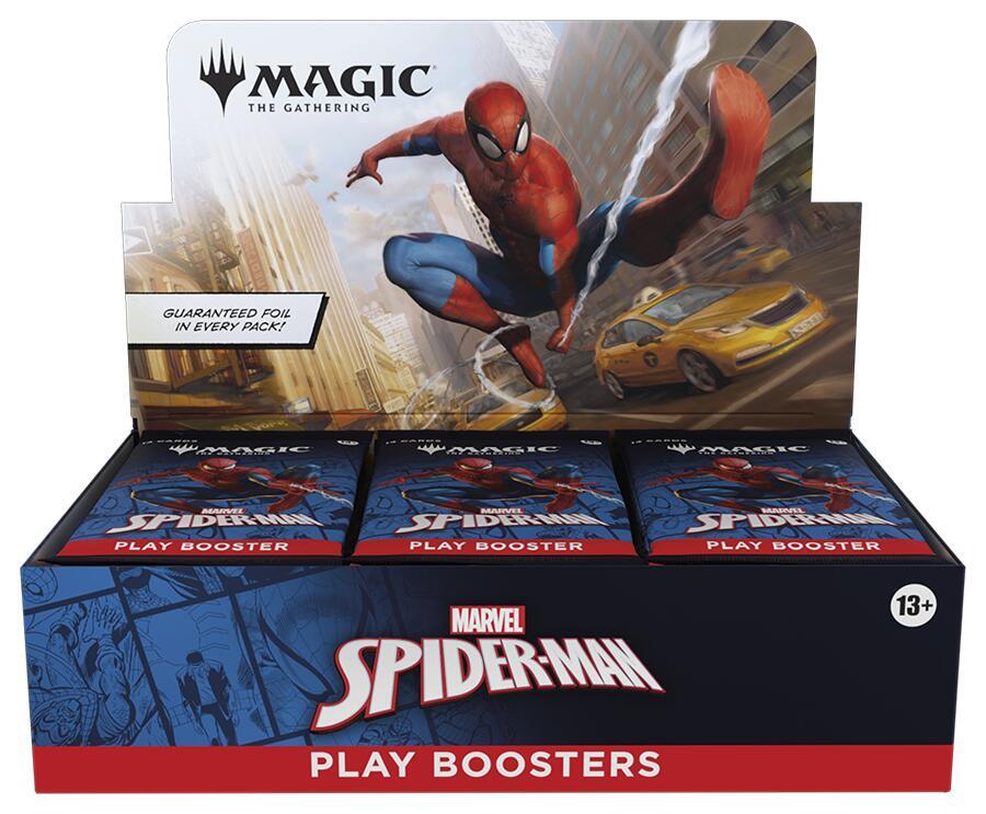 Marvel Spider-Man Magic the Gathering booster box displaying play boosters in a vibrant setup