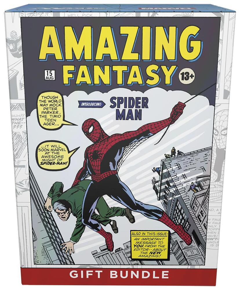 MTG Spiderman gift bundle featuring Amazing Fantasy comic cover with Spider-Man in action