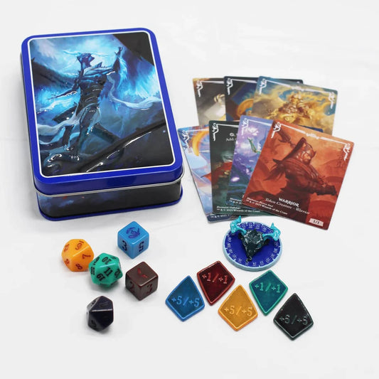 MTG Tarkir Dragonstorm token set with cards, life counters, and dice in a decorative tin