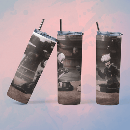 Nier Automata tumbler with straw featuring vibrant artwork of characters for gamers and anime fans