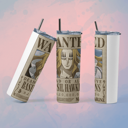 One Piece wanted poster tumbler featuring Basil Hawkins with a stylish design and reusable straw
