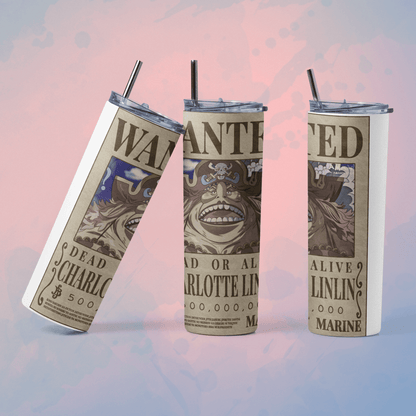 One Piece wanted poster tumbler featuring Charlotte Linlin design with a straw for fans of the series