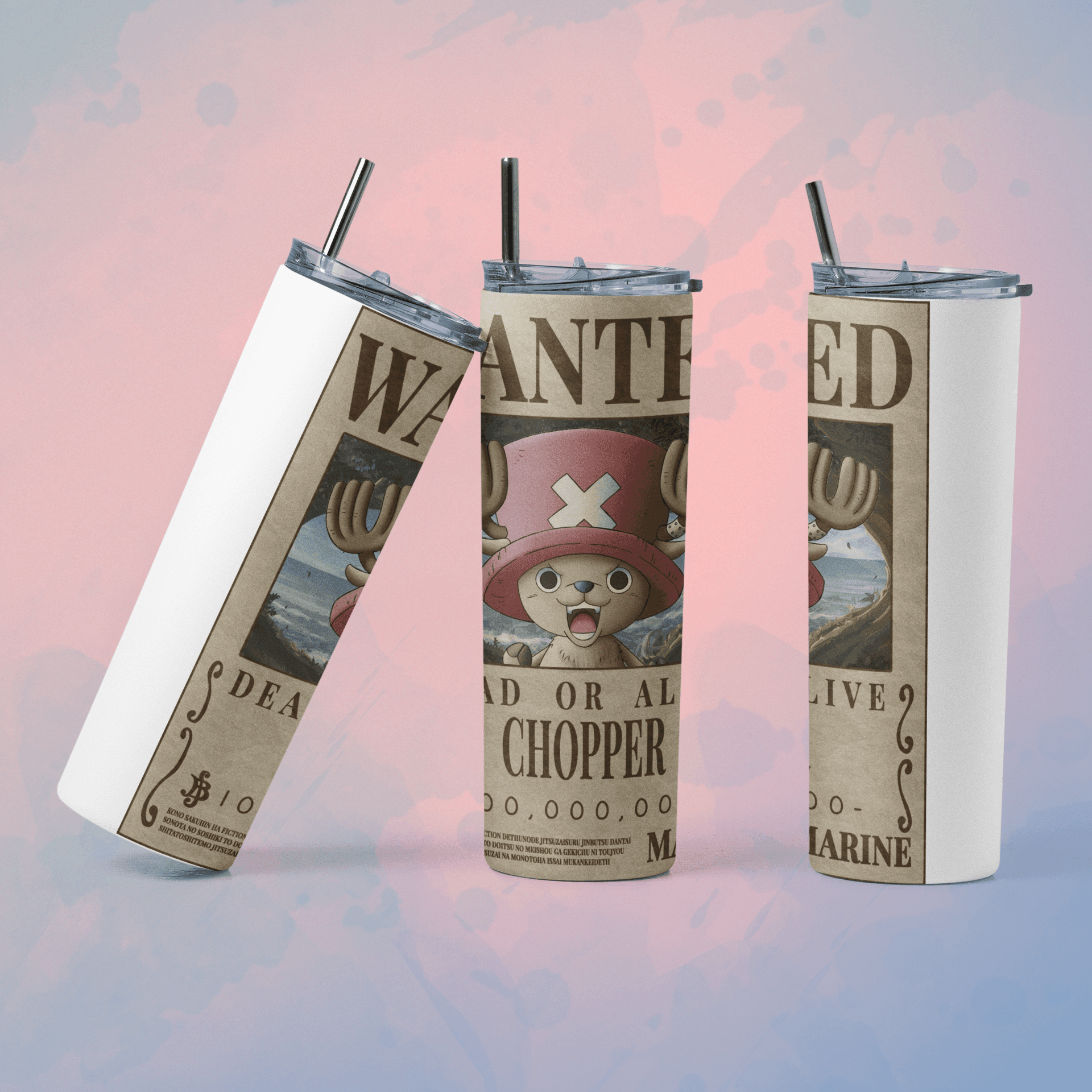 One Piece wanted poster tumbler featuring Chopper design with a reusable straw for fans