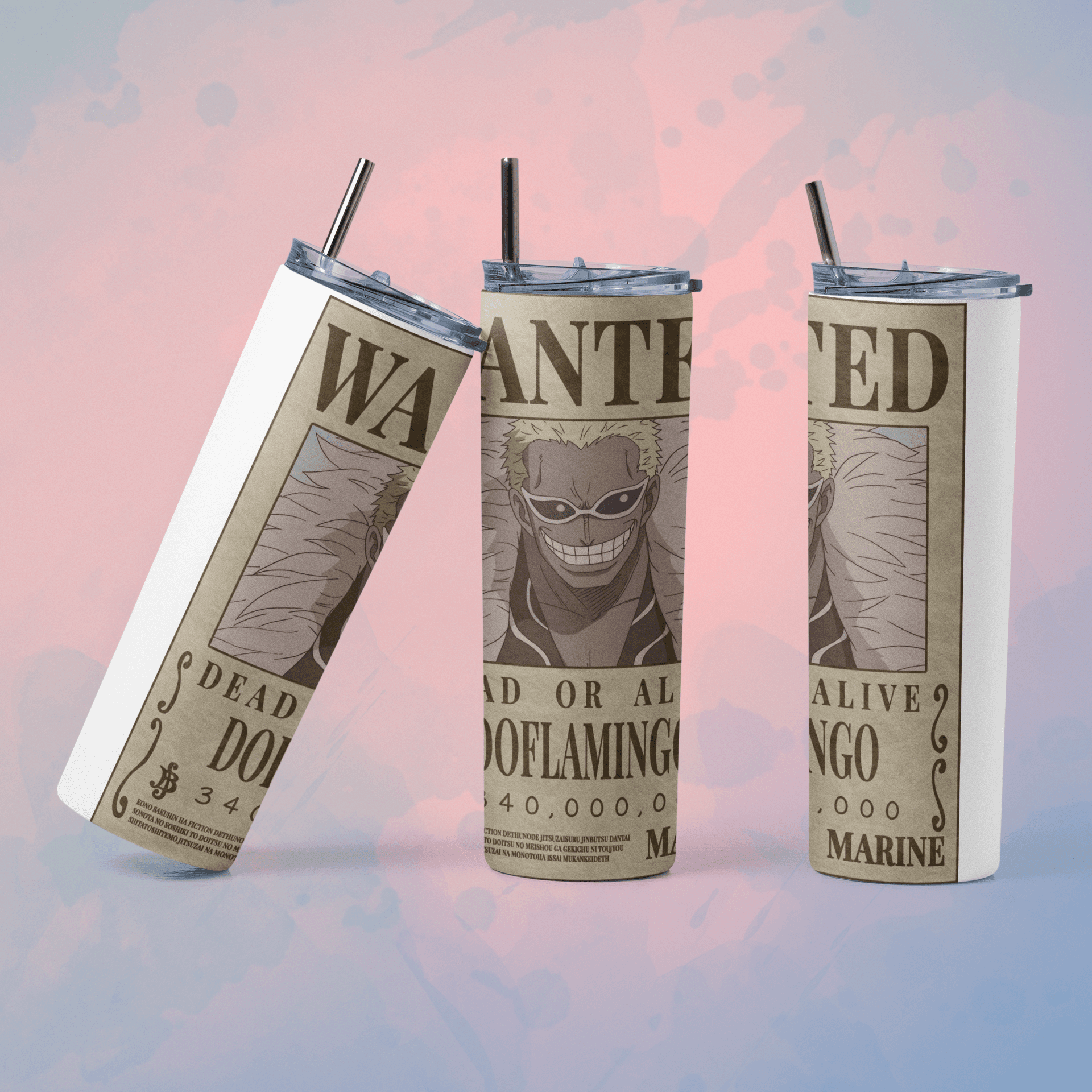 One Piece wanted poster tumbler featuring Doflamingo design with reusable straw for fans