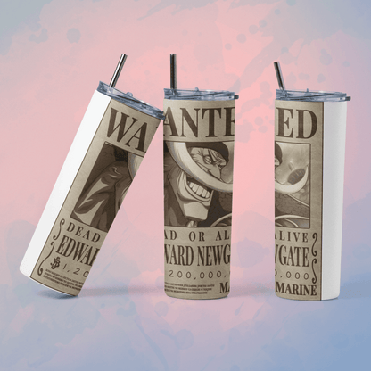 One Piece wanted poster tumbler featuring detailed artwork and a reusable straw for fans