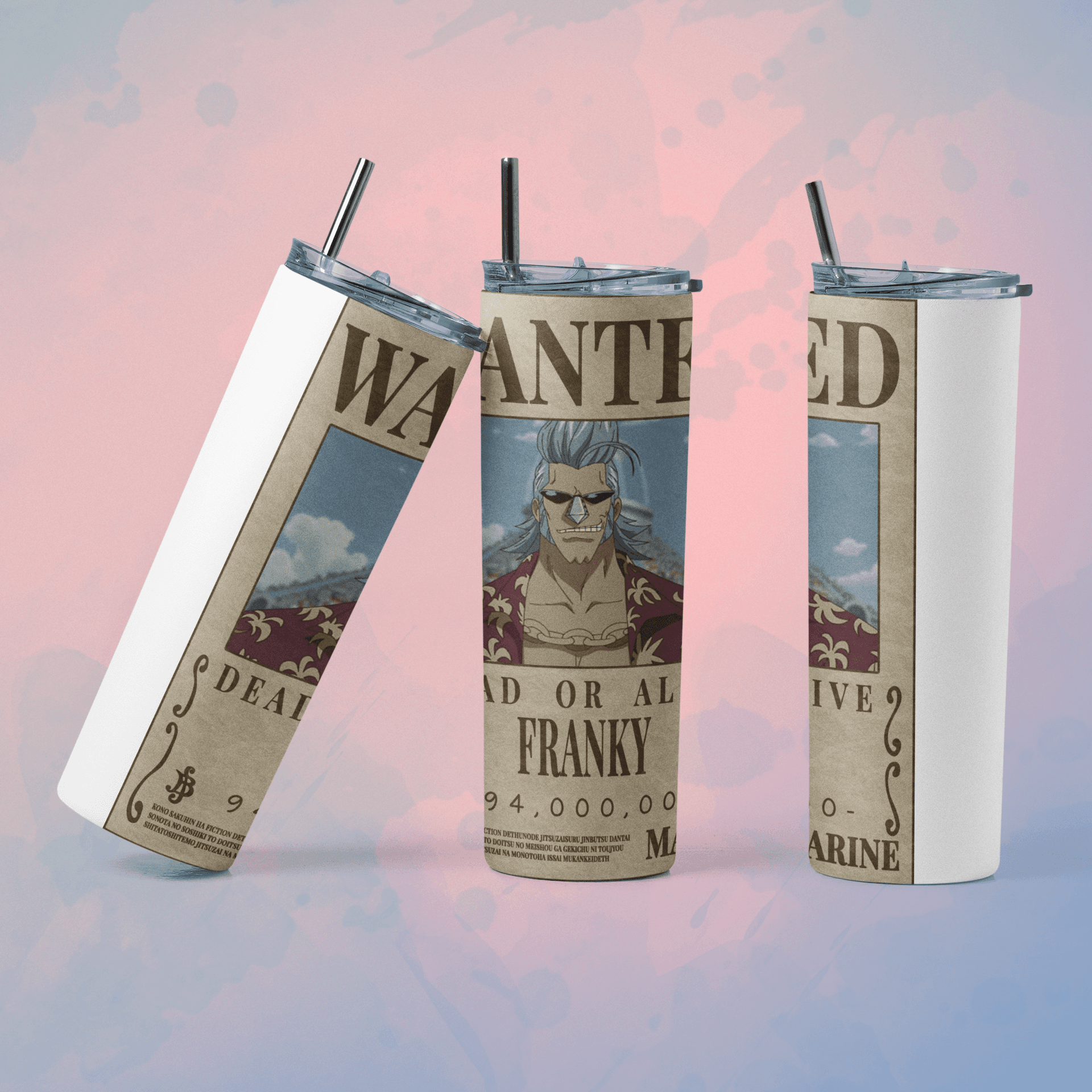 One Piece wanted poster tumbler featuring Franky design with reusable straw for fans of the anime