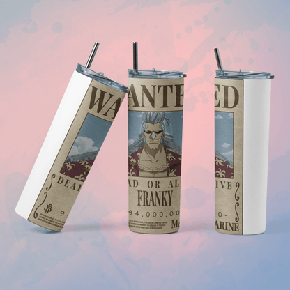One Piece wanted poster tumbler featuring Franky design with reusable straw for fans of the anime