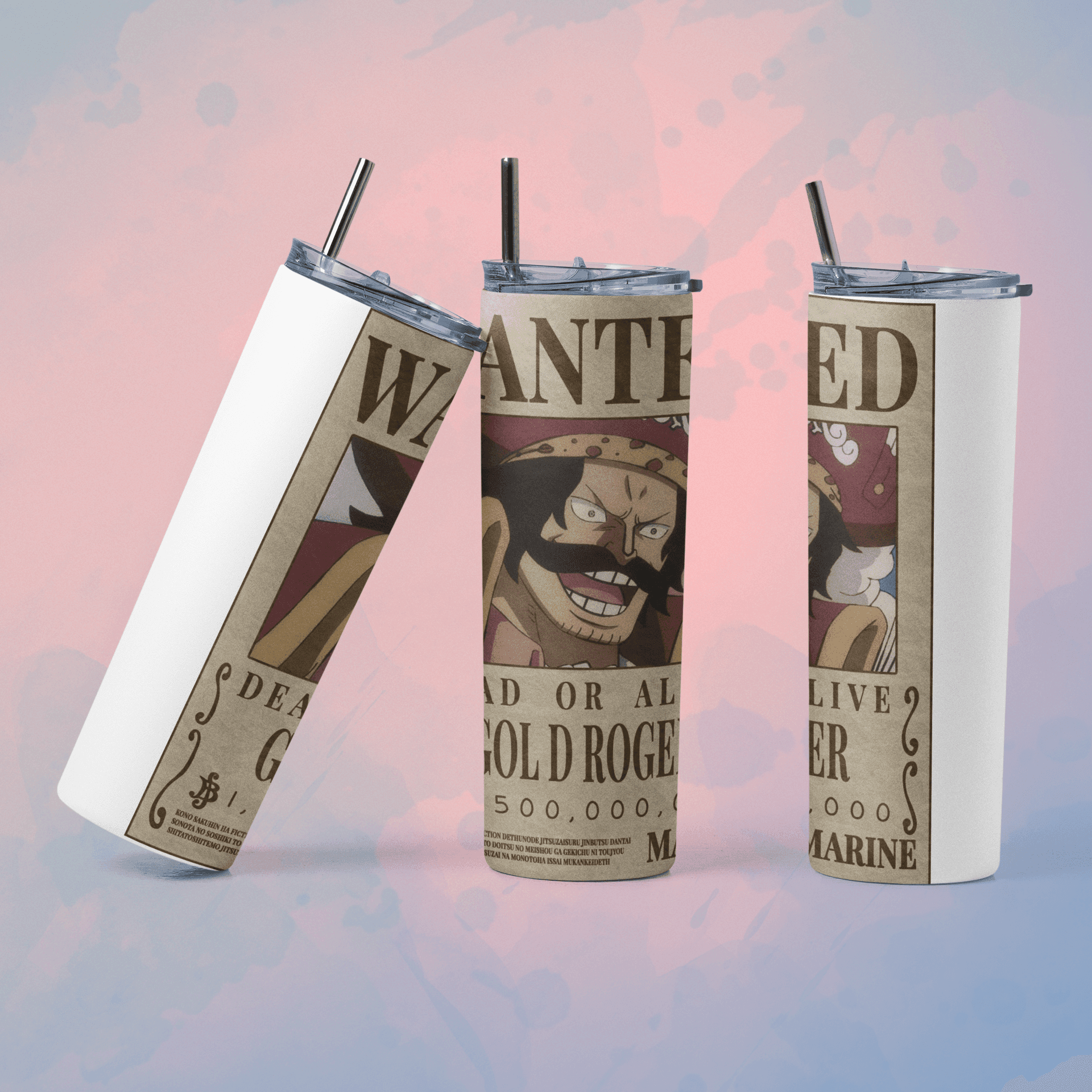 One Piece wanted poster tumbler featuring Gold Roger design and reusable straw for fans