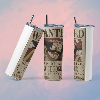 One Piece wanted poster tumbler featuring Gold Roger design and reusable straw for fans
