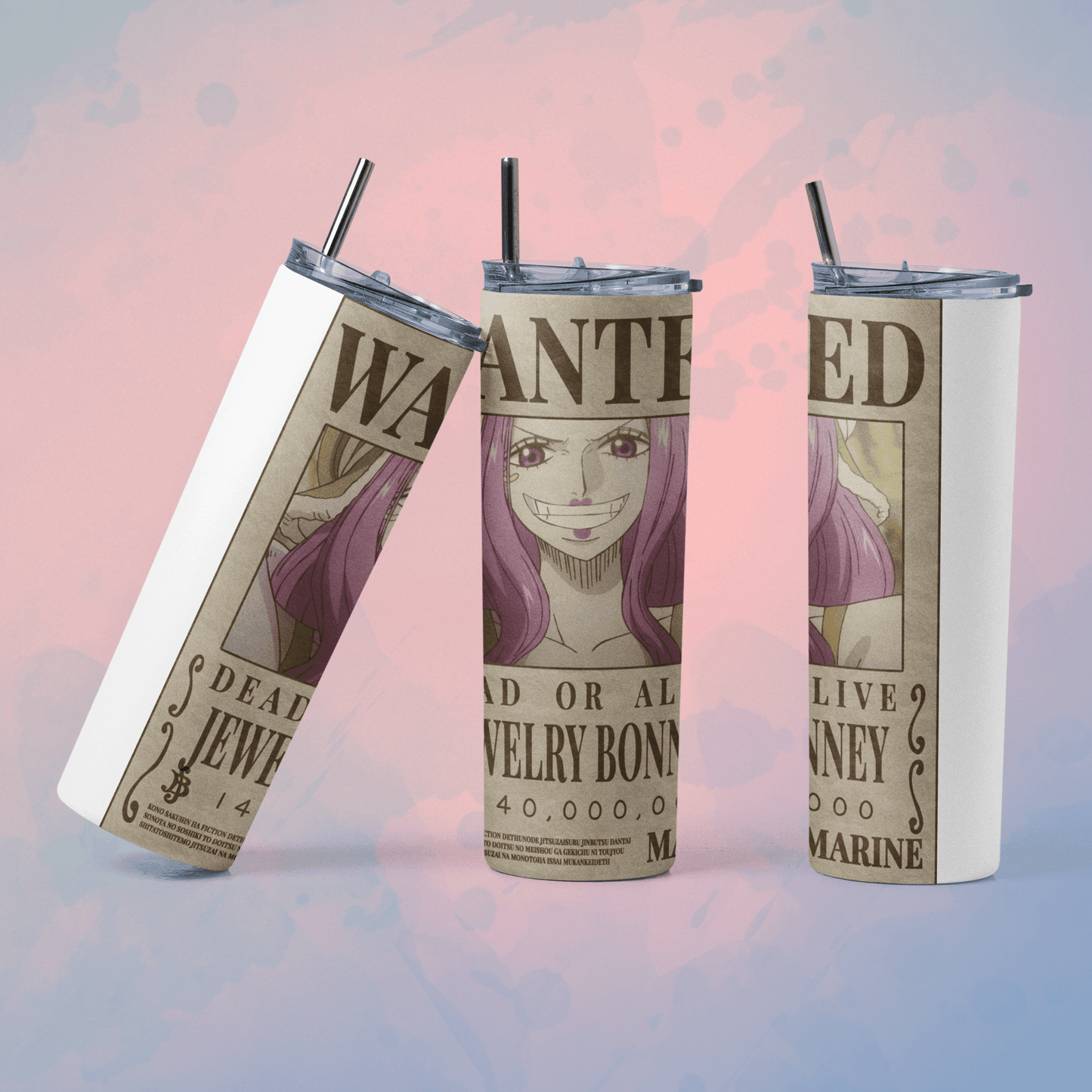 One Piece wanted poster tumbler featuring Jewelry Bonney design with reusable straw