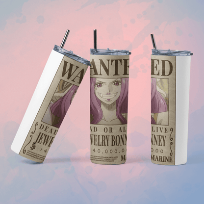 One Piece wanted poster tumbler featuring Jewelry Bonney design with reusable straw