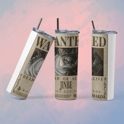 One Piece wanted poster tumbler featuring Jinbe design with straw for fans of anime