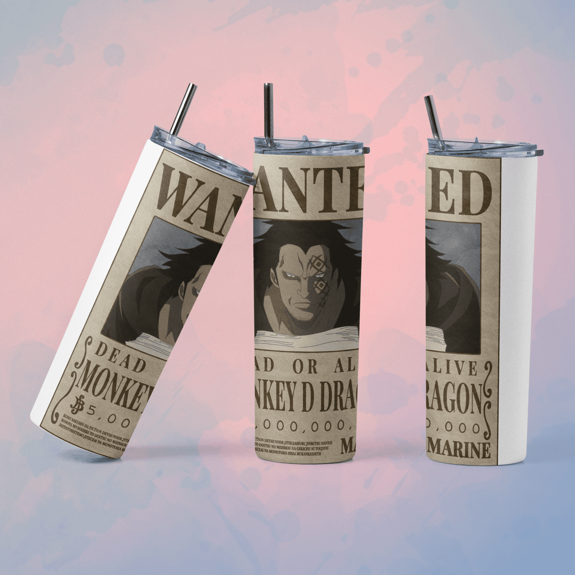 One Piece wanted poster tumbler featuring design of Monkey D. Luffy with a straw for anime fans
