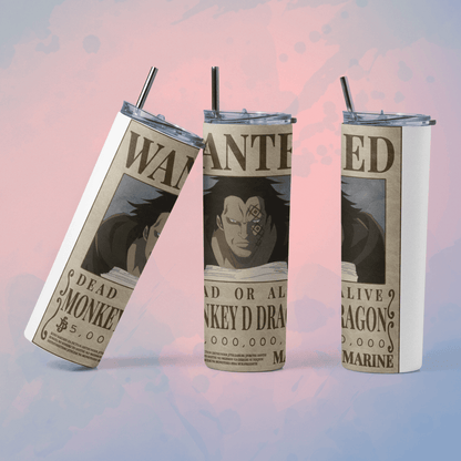 One Piece wanted poster tumbler featuring design of Monkey D. Luffy with a straw for anime fans