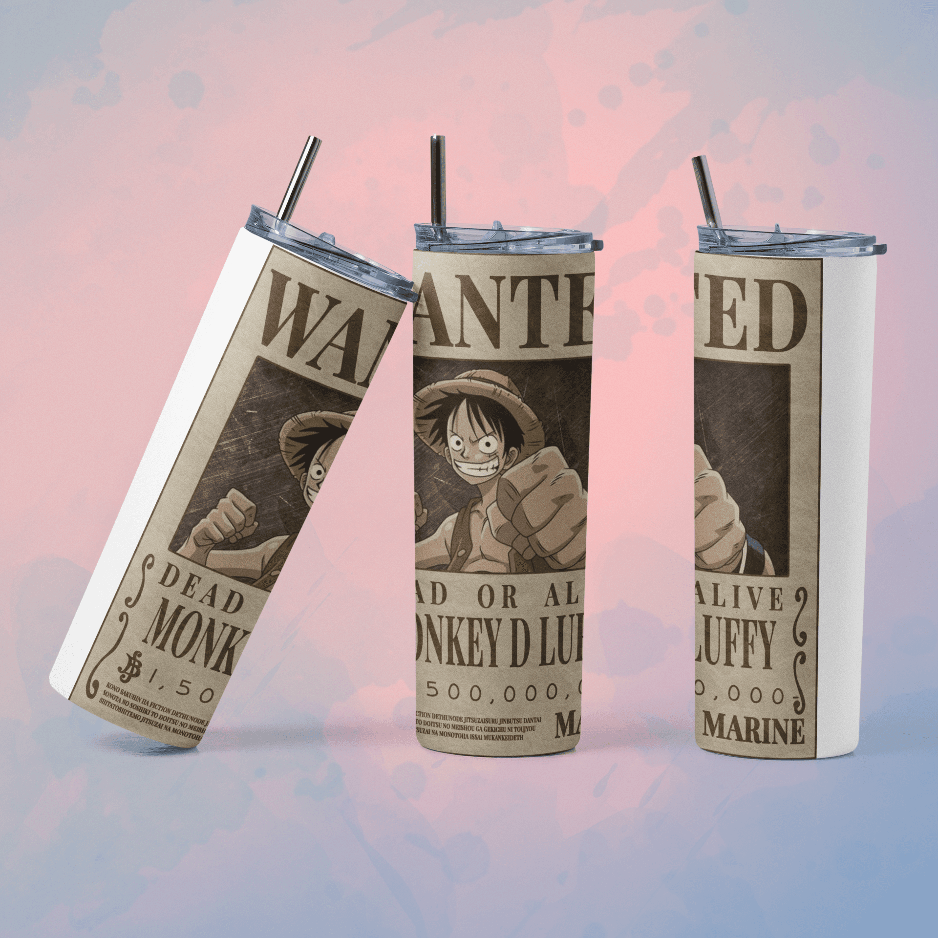 One Piece wanted poster tumbler featuring Monkey D. Luffy design with a straw for anime fans
