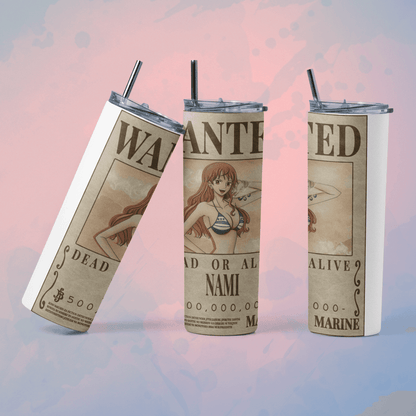 One Piece wanted poster tumbler featuring Nami's design with a straw for fans of the series