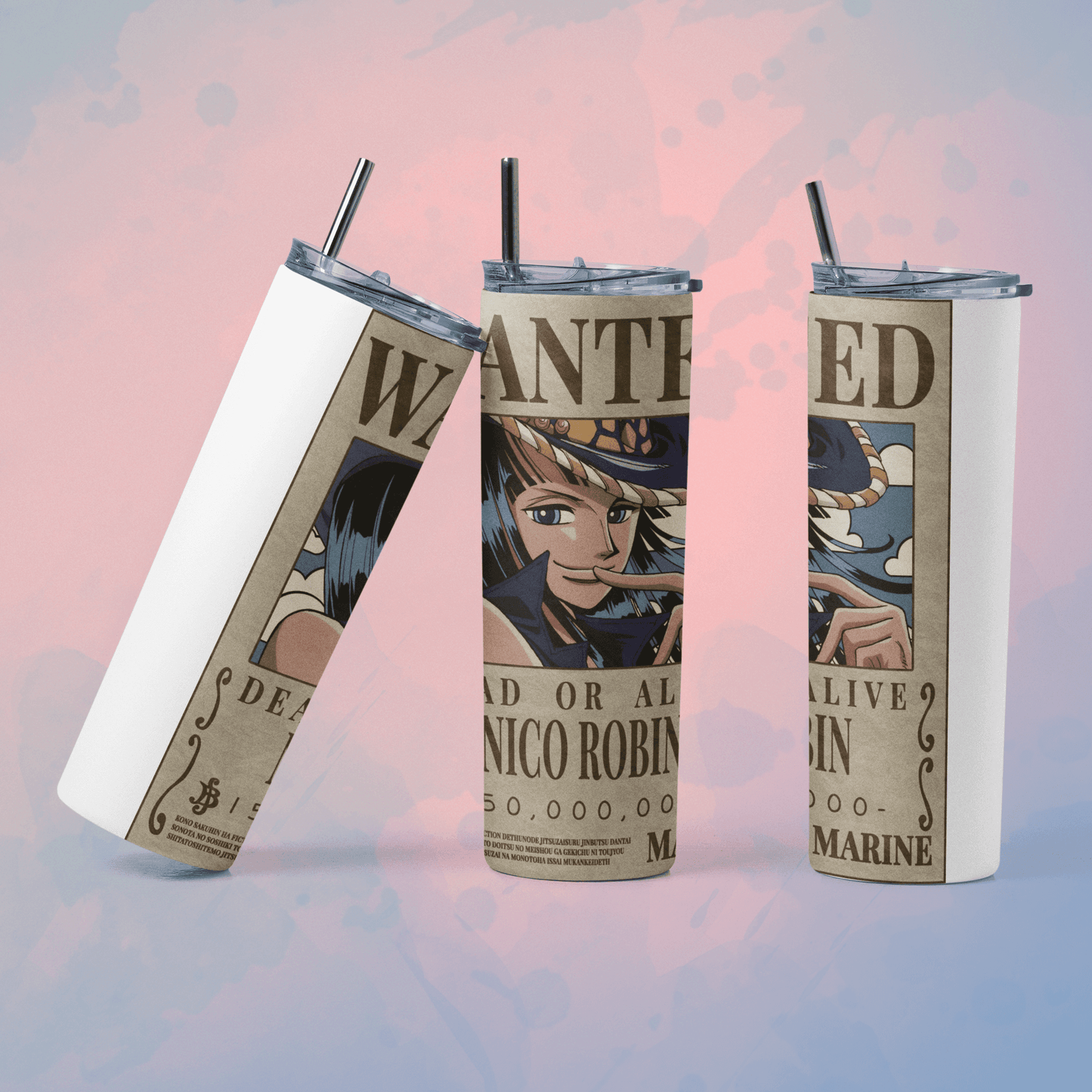 One Piece wanted poster tumbler featuring stunning character art and a reusable straw