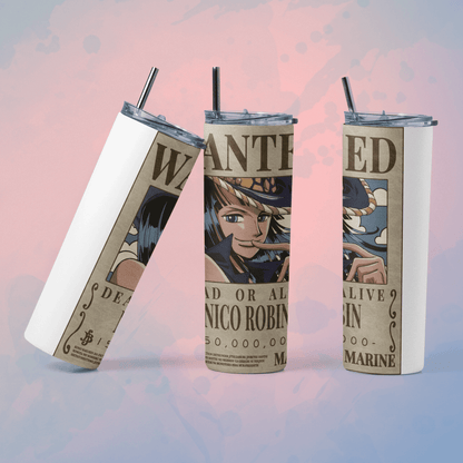 One Piece wanted poster tumbler featuring stunning character art and a reusable straw
