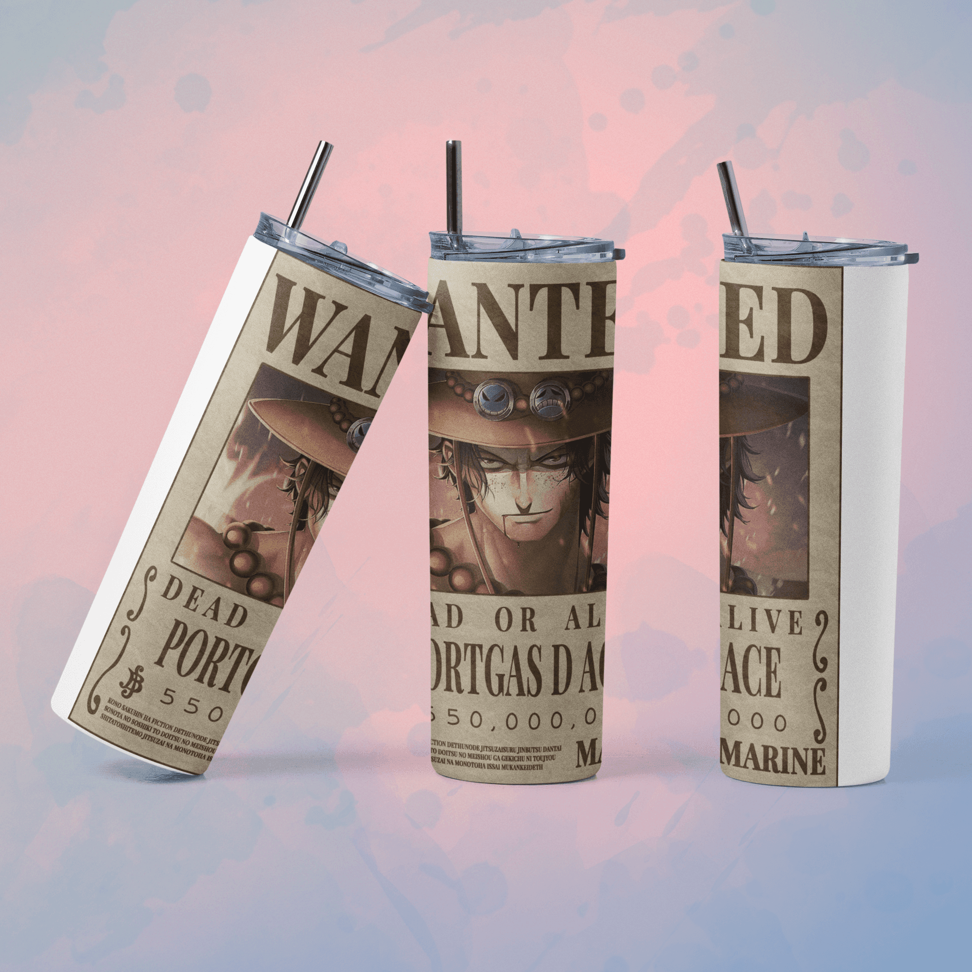 One Piece wanted poster tumbler featuring a colorful design of Portgas D. Ace