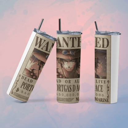 One Piece wanted poster tumbler featuring a colorful design of Portgas D. Ace