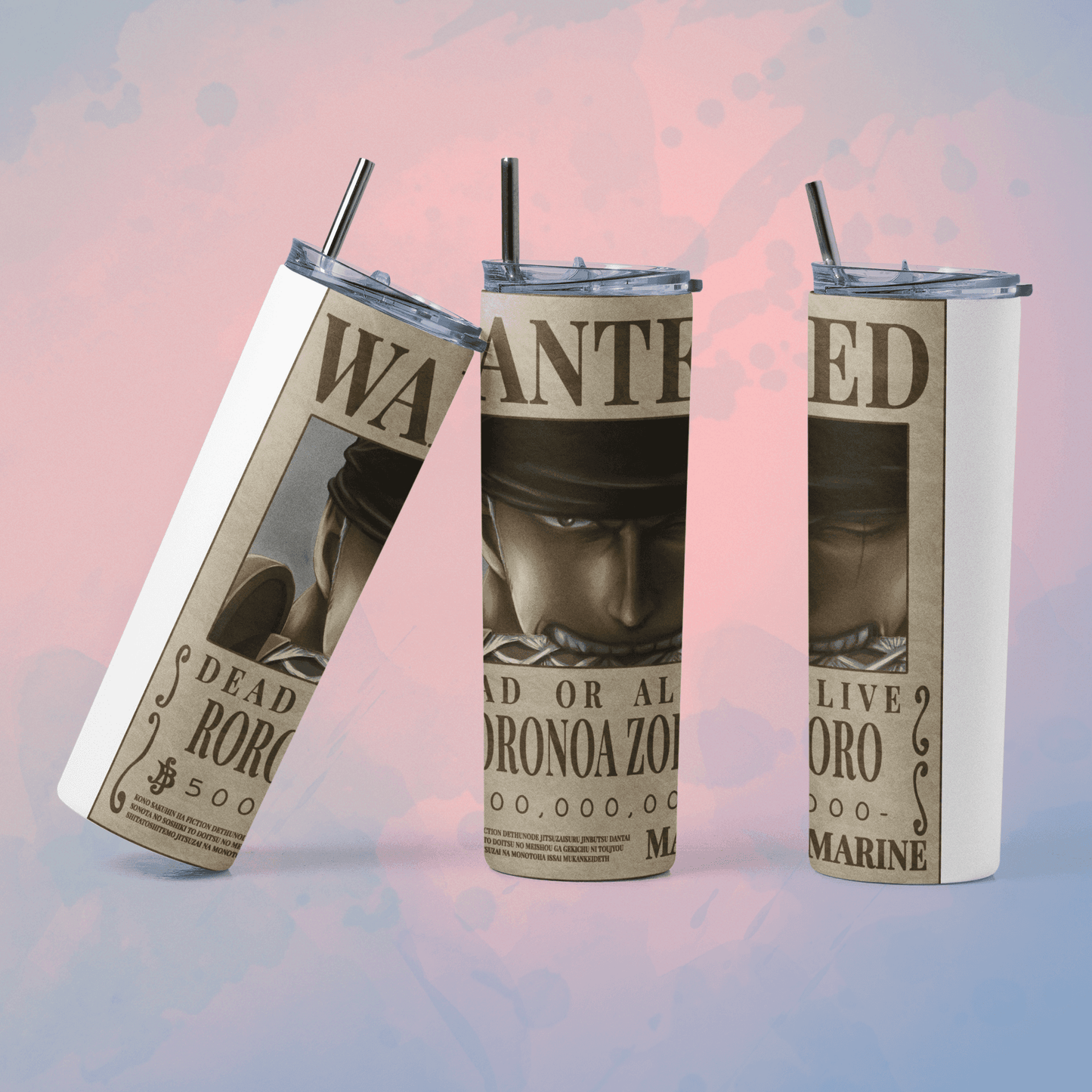 One Piece wanted poster tumbler featuring detailed graphics and a reusable straw for fans of the series