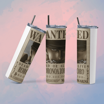 One Piece wanted poster tumbler featuring detailed graphics and a reusable straw for fans of the series