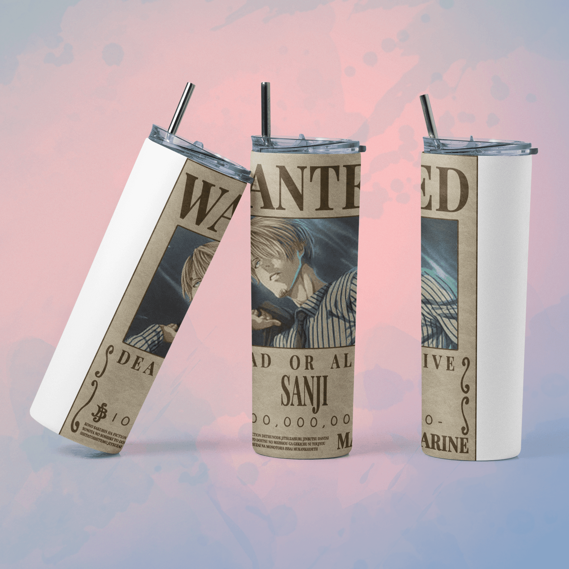 One Piece wanted poster tumbler featuring Sanji with a straw for anime fans