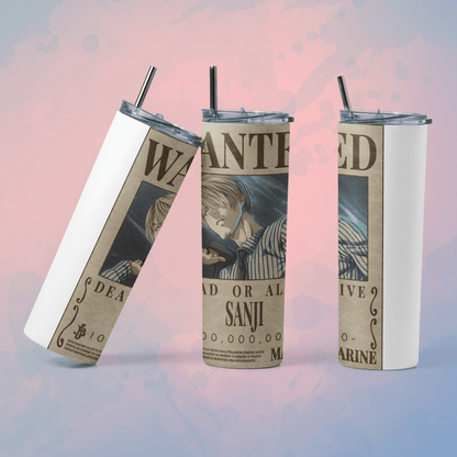 One Piece wanted poster tumbler featuring Sanji with a straw for anime fans