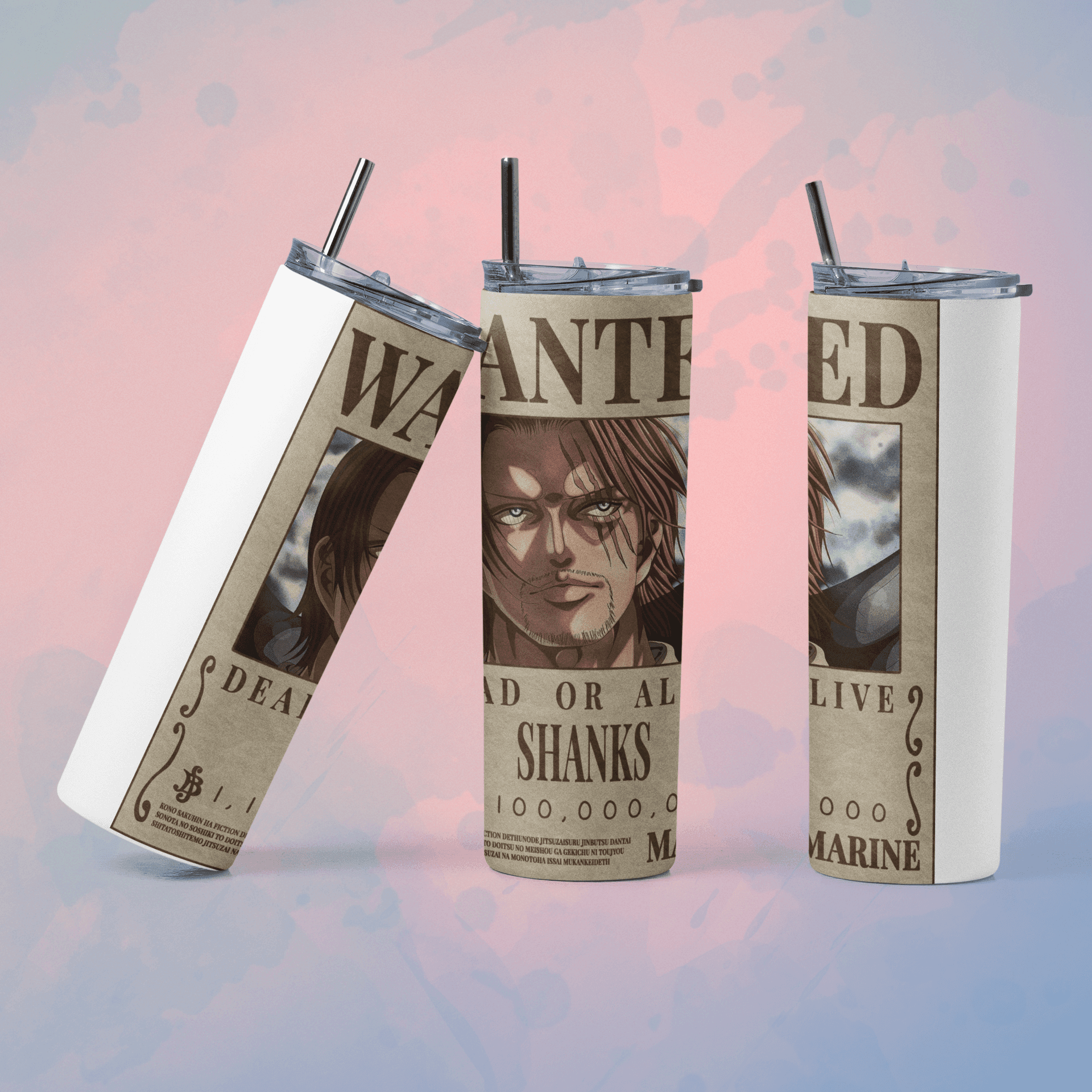 One Piece wanted poster tumbler featuring Shanks design with a reusable straw