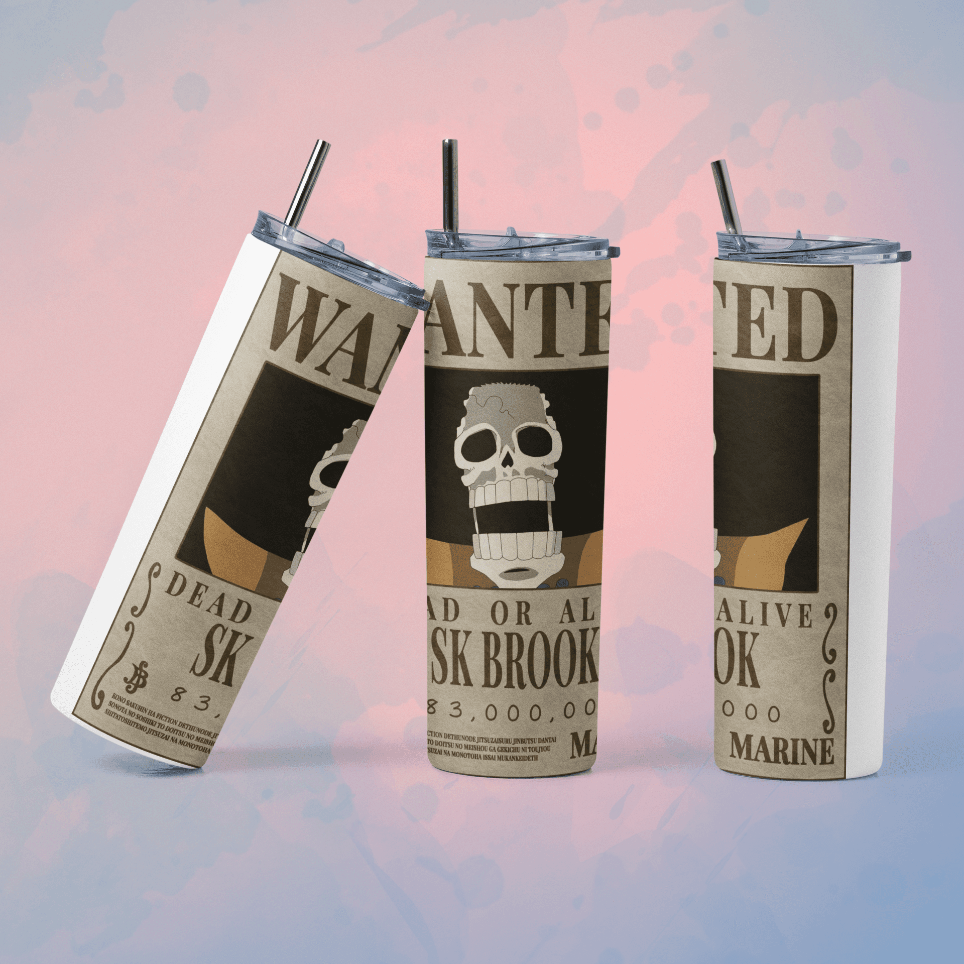 One Piece wanted poster tumbler featuring Brook's design with a playful skull graphic