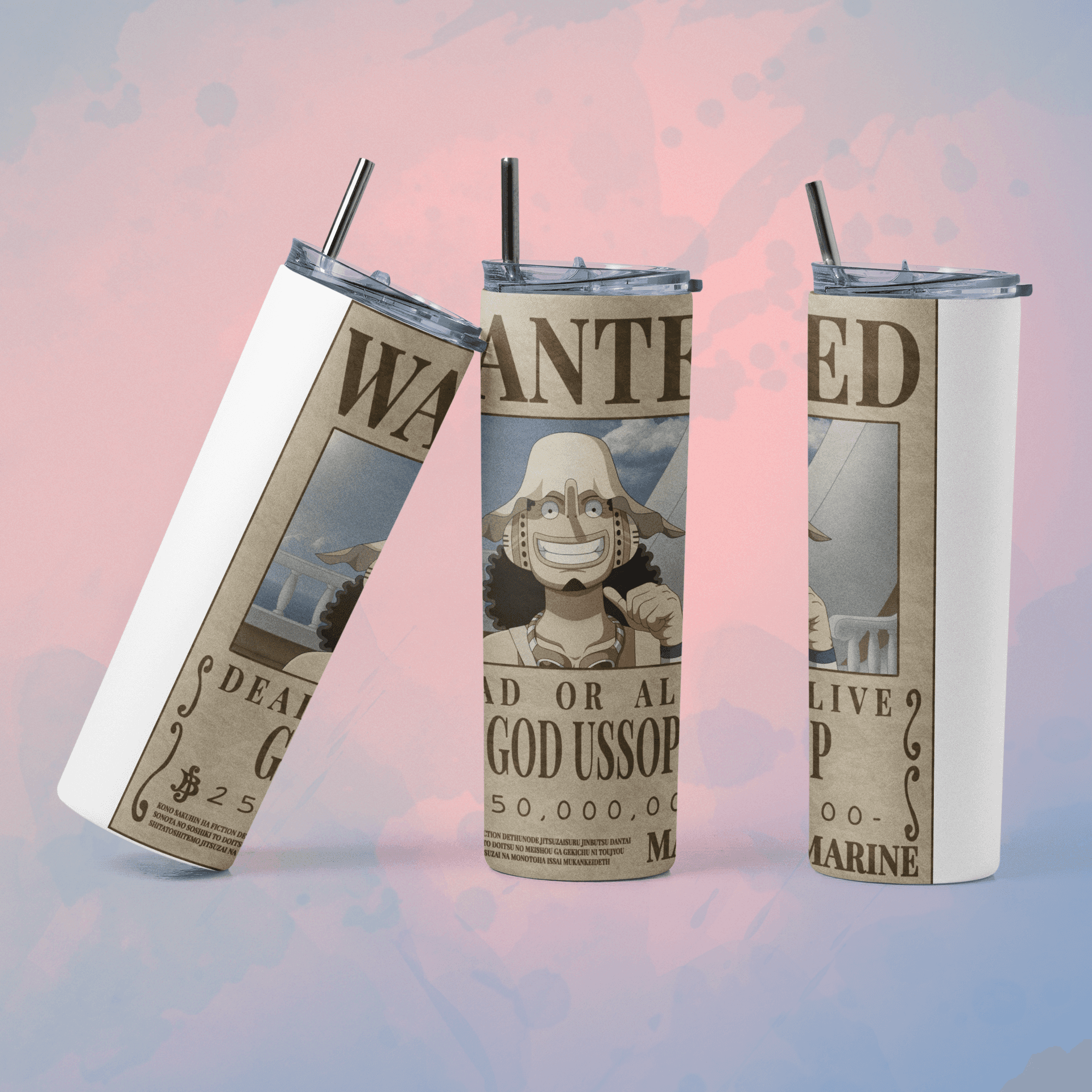 One Piece wanted poster tumbler featuring a playful design of the character Usopp