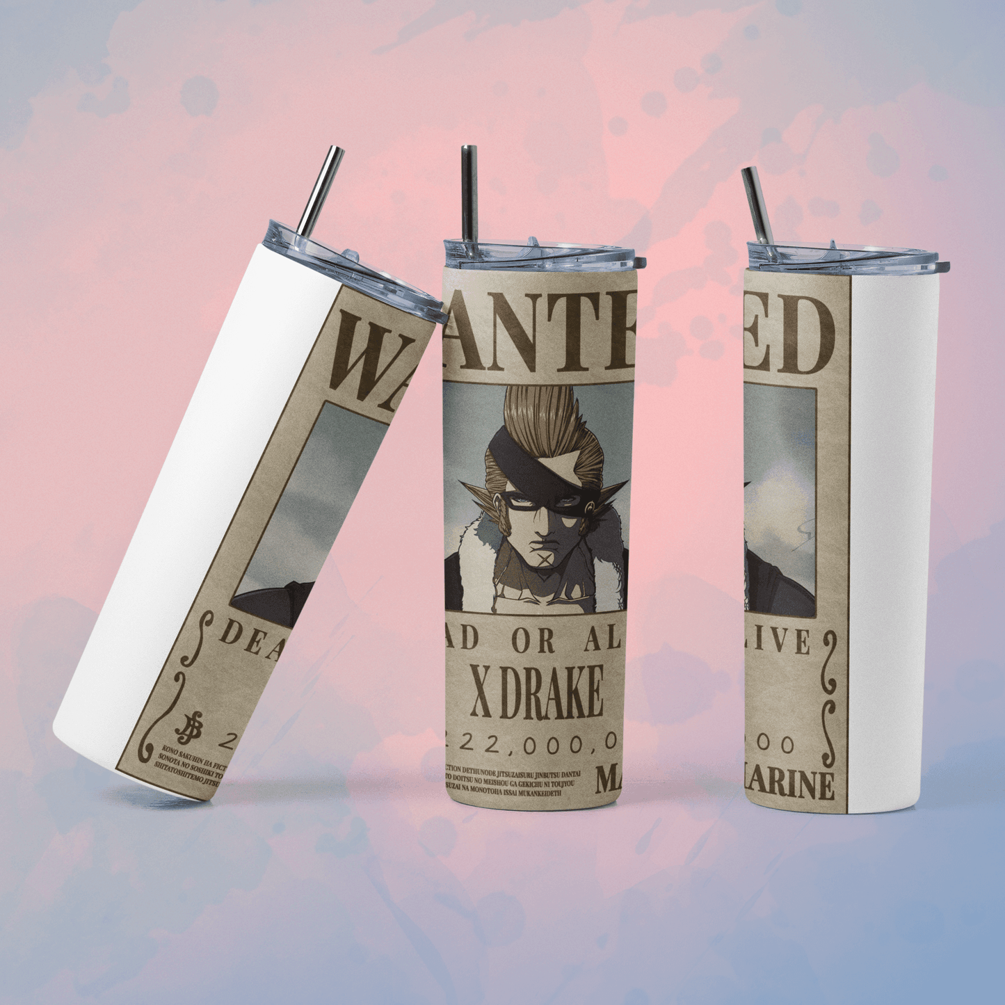 One Piece wanted poster tumbler featuring X Drake design perfect for fans and collectors