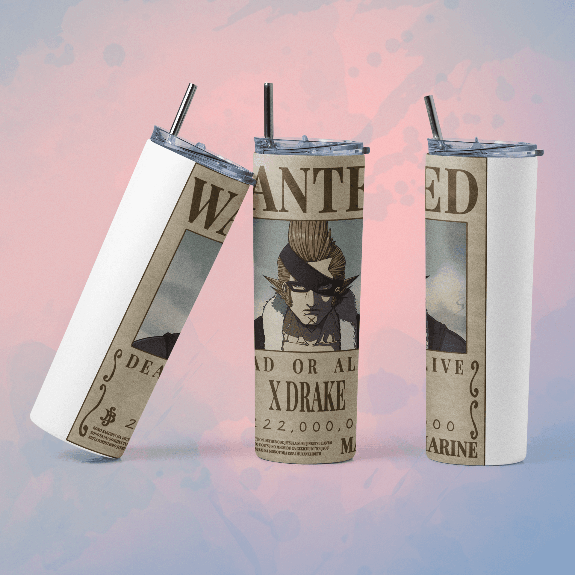 One Piece wanted poster tumbler featuring X Drake design perfect for fans and collectors