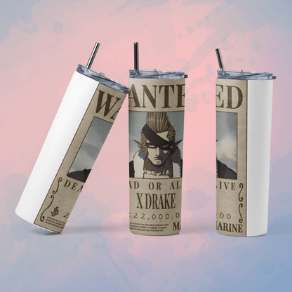 One Piece wanted poster tumbler featuring X Drake design perfect for fans and collectors